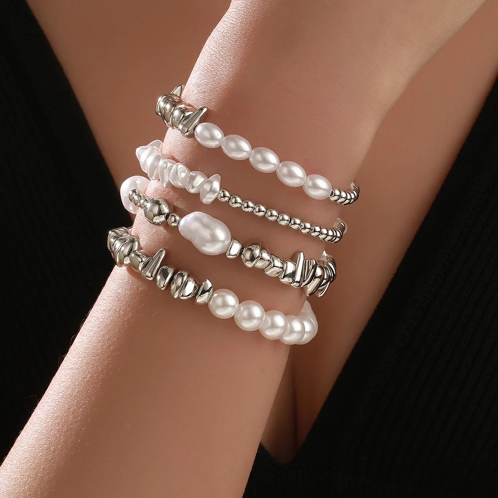 Baroque Pearl Irregular Silver Beaded Bracelets Set for Women Layered Stackable Hand Chains Y2K Girls Wrist Jewelry Stretch Rope