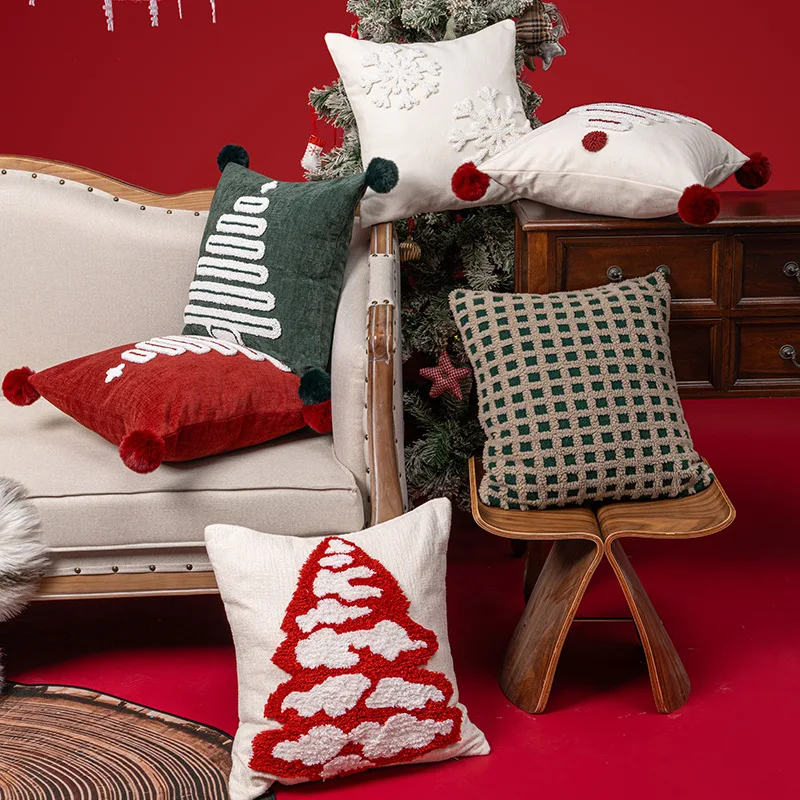 45X45CM Merry Christmas Throw Pillow Cover Fur Ball Embroidery Waist Cushion Cover New Year Decor Home Decorative Pillowcase