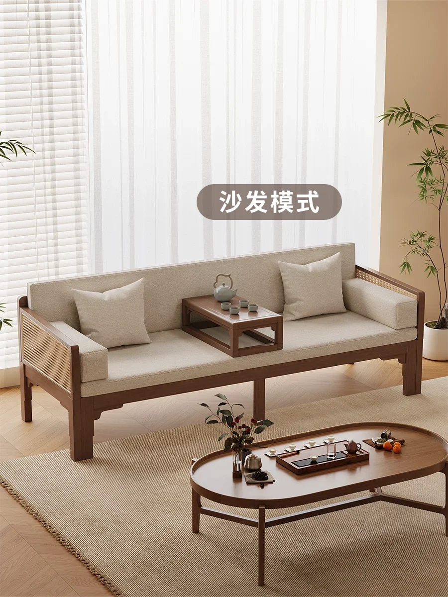 All solid wood Arhat bed New Chinese rattan Arhat couch Song Dynasty aesthetic sofa bed Dual-purpose Zen princess push-pull bed