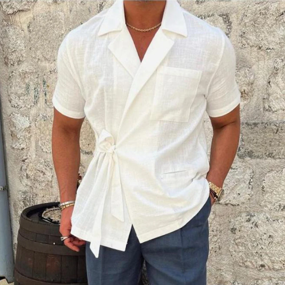 Summer Solid Color Linen Short-sleeved Shirt Suit Lapel Strap French Elegant Gentleman Loose Casual Simple Top Men\'s Clothing