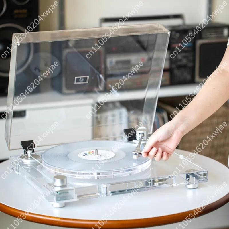 Acrylic Body Vintage Record Player with Dust Cover, 3-Speed Turntable Retro Gramophone for Home Decor