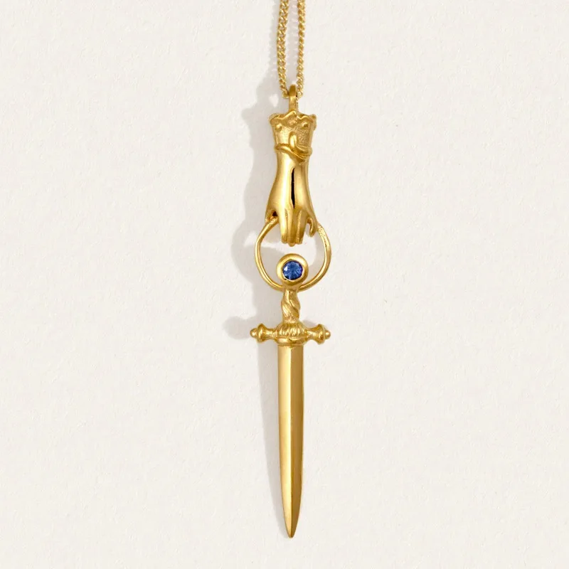 

Europe and America Gold Color Hands Holding A Blue Zircon Dagger Necklace UNISEX Punk Hip Hop Happy Party Jewelry Necklace