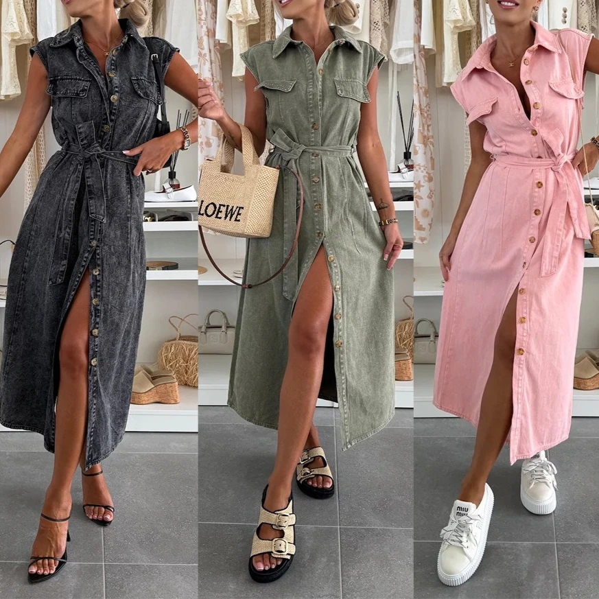 

Long Dress Women Denim Dresses A Line Vestidos Y2k Streetwear Turn Down Collar Sleeveless Elegant Splice High Waist Work Summer