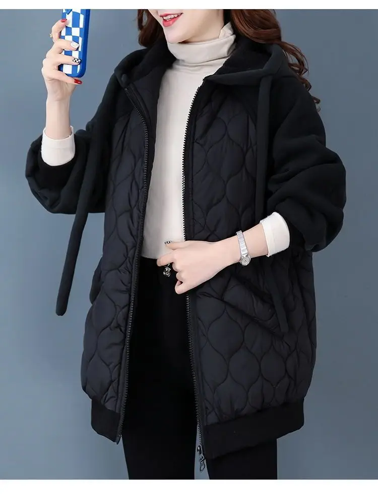 2025Autumn/Winter Jacket Women Hooded Splice Down Cotton Coat  European Station Large Size Loose Cotton Jacket Female Outerwear