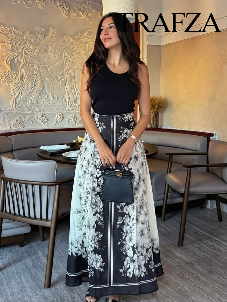 

TRAFZA Women Fashion Temperament Print Fluffy Blend Loose Long Skirt Female Elegant High Waist Zipper High Street Casual Skirt