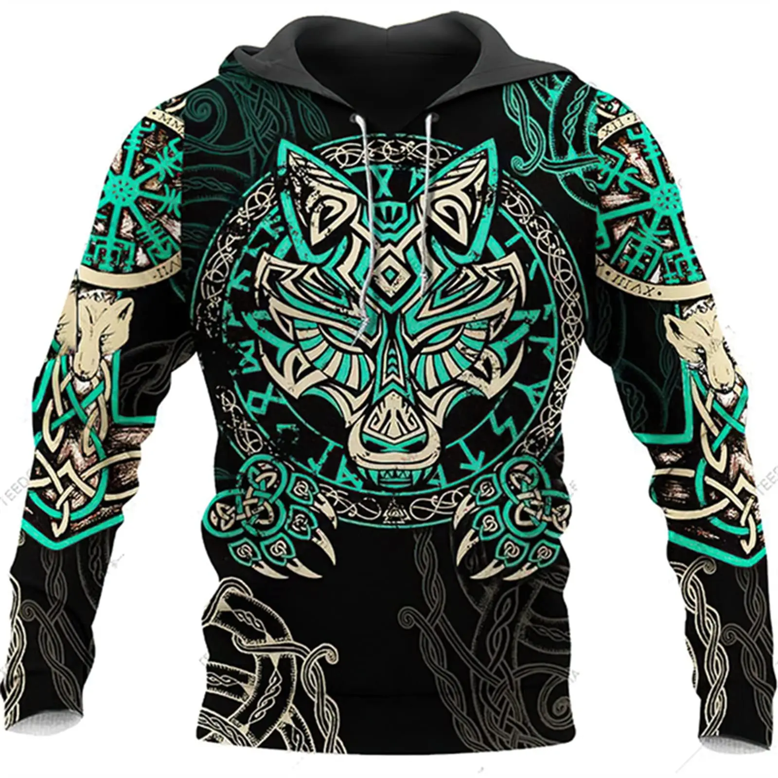 Novel Hoodie Fashionable Viking Tattoo 3D Printed Pullover Long Sleeved Sportswear jacket, Top Street Wear