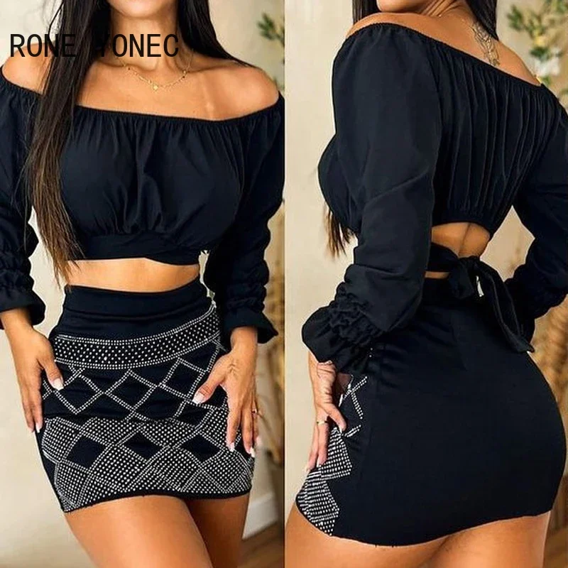 Women Solid Chic Slash Collar Wrist Rhinestone Decoration Sexy Crop Top Bodycon Skirt Sets