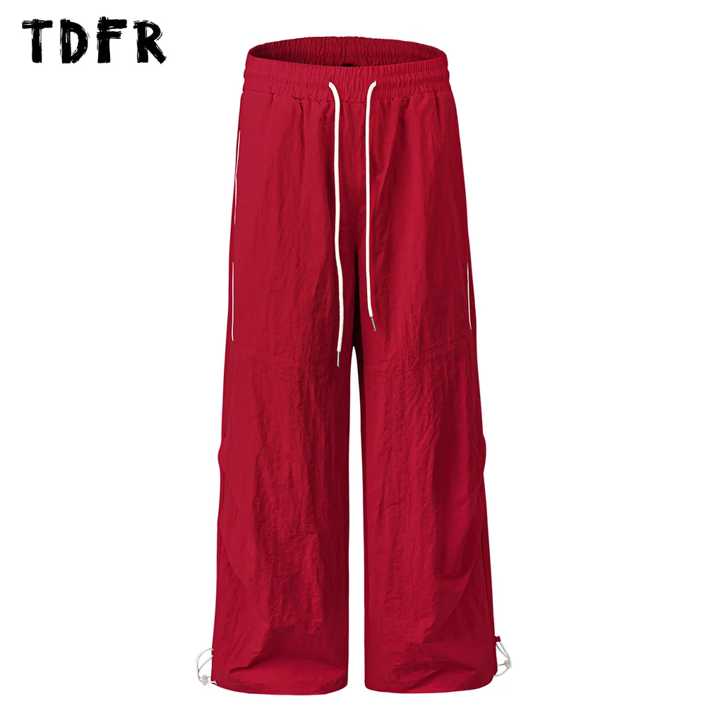 Line Spliced Sports Pants Mens Letter Embroidery Streetwear Elastic Waist Straight Loose Wide Leg Joggers Pants Men Trousers