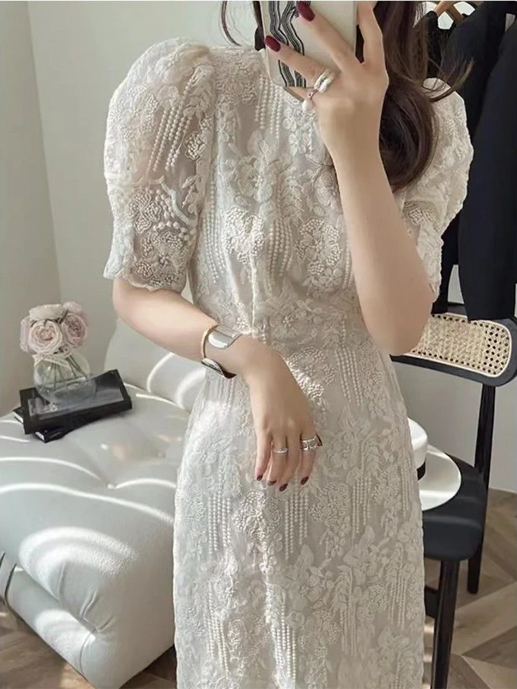 OCEANLOVE Lace Embroidered Women Dresses Solid French Style Elegant Spring Summer Vestidos Mujer A-line Sweet Long Dress