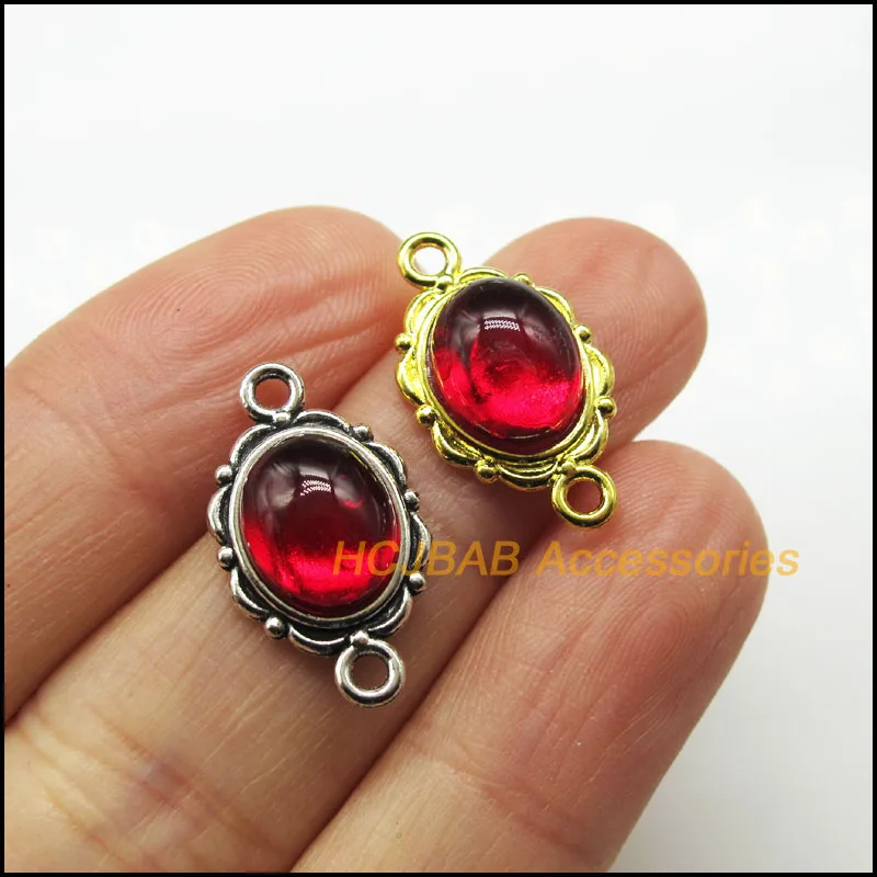 15Pcs Antique Silver Color & Gold Color Oval Clouds Red Glaze Charms Pendants Connectors 12x21mm