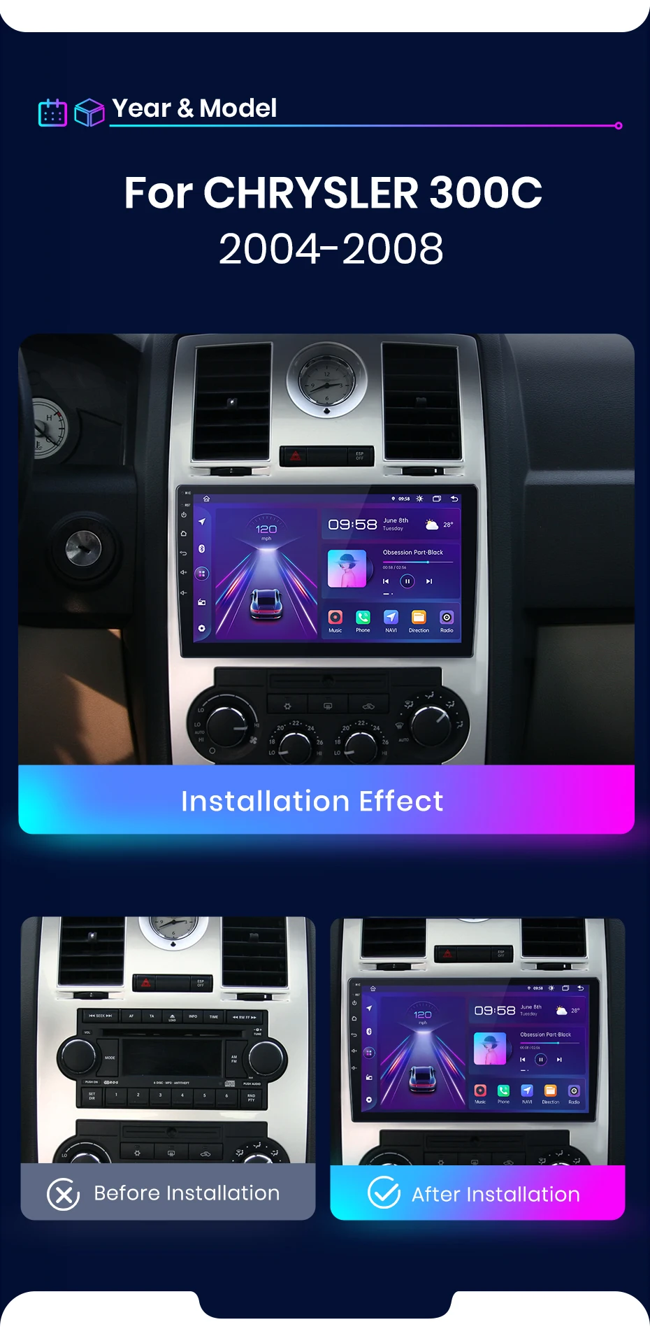 Junsun AI Wireless CarPlay für Apple Android 14 Auto Autoradio für Chrysler 300C Aspen 2004 2005 2006–2008 Multimedia Navi Stereo – Detail 3