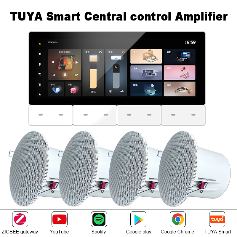 6.2 Inch TUYA Smart Home Audio Wall Amplifier Built in ZIGBEE Gateway IR Bluetooths Music Panel Ceiling Speaker Android11 System