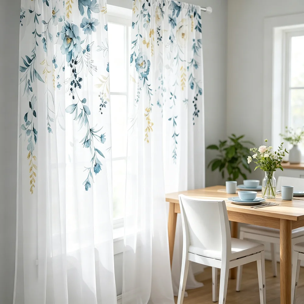 2PCS Winter Floral Sheer Curtains, Blue Watercolor Flower Print, Digital Print, Window Drapes for Living Room Bedroom Christmas