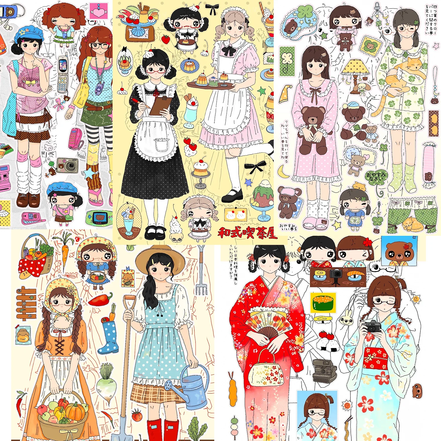 Traditional Japanese Kimono Dolls Sticker Kawaii DIY Cutouts with Tea House Farmer Themes