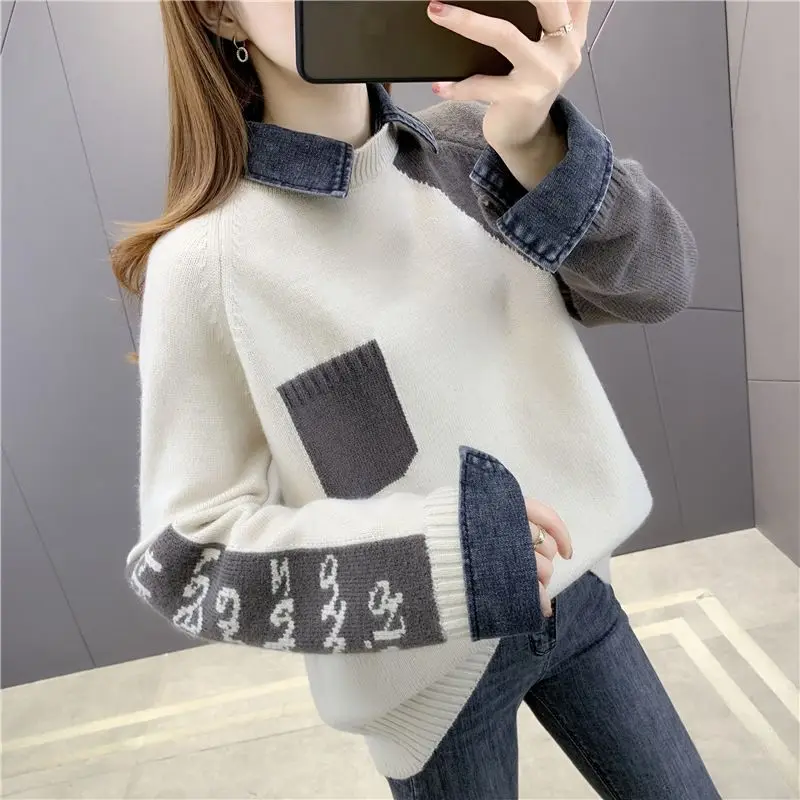 Autumn Winter New Turn-down Collar Long Sleeve Fashion Sweater Women High Street Cowboy Patchwork Button Jacquard Weave Pullover