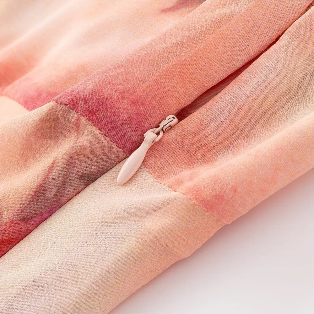 2025 Romantico arancione sfumato stampa floreale volant colletto a V manica a sbuffo abito longuette donna cravatta fiocco telai una linea abiti lunghi veste