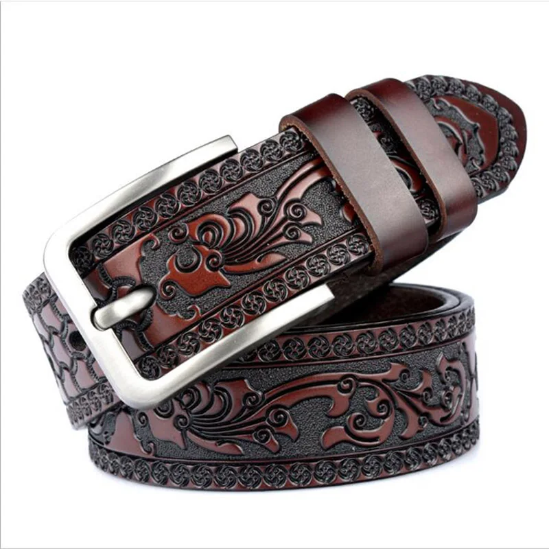 

Western Flower Print Leather Men Belt Cowboy Embossed Leather Jeans Pants Men Belt