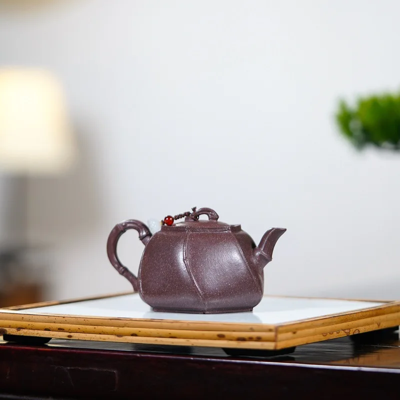 Yixing Zisha Teapot Raw Ore Purple Jiangpo Clay Hexagonal Shape with Slanted Bamboo Carving Master Handmade Kung Fu Tea Set Gift