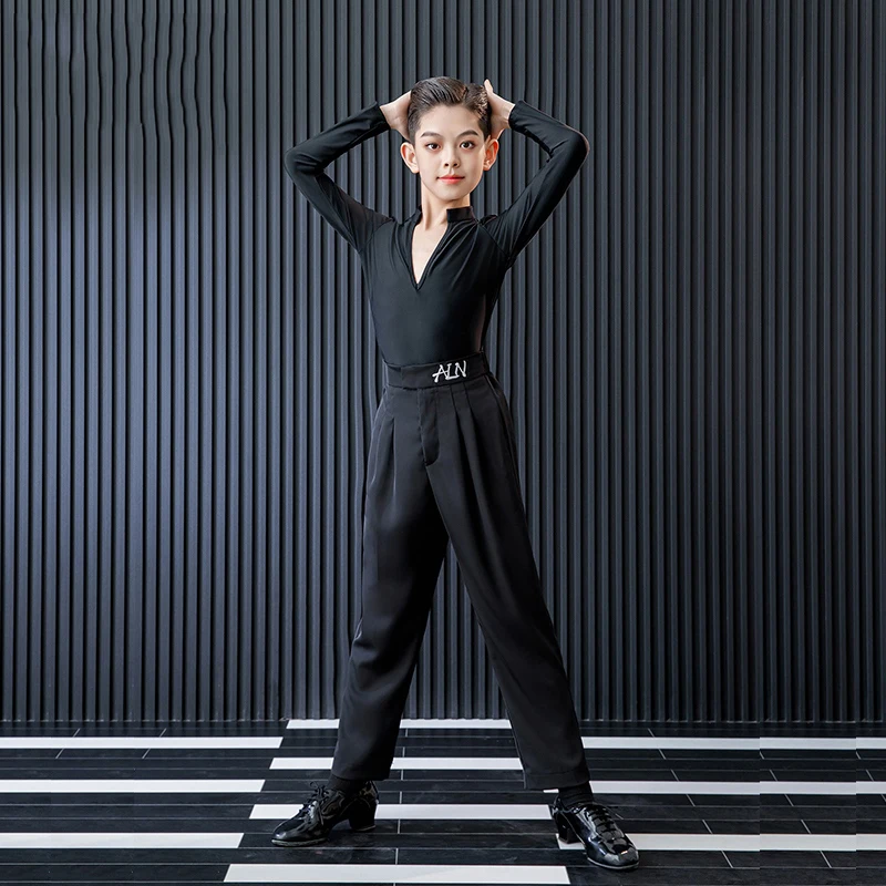 2025 terno de prática de dança latina manga comprida tops calças pretas roupas samba chacha rumba tango roupa de dança latina para meninos dqs19561