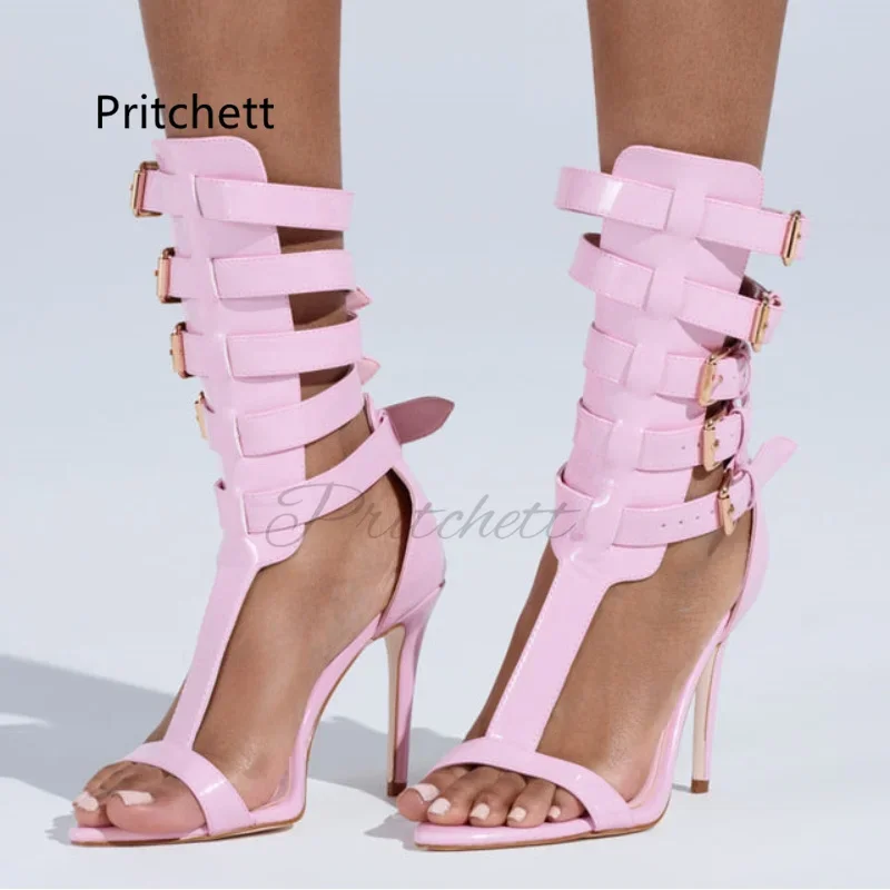 Sandali gladiatore con cinturini a T bianchi rosa per donna Fibbie per cinture open toe Scarpe da festa estive con tacco alto in pelle con tacco a spillo