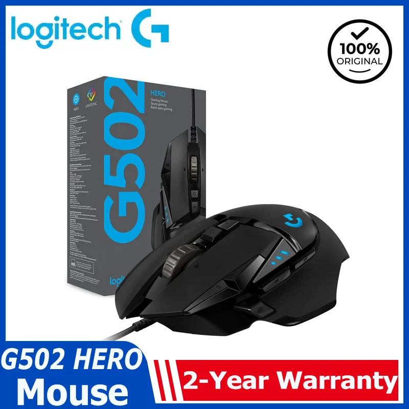 Logitech G502 HERO Ratón para juegos con cable de alto rendimiento HERO 25K Sensor 25,600 DPI RGB Pesos ajustables 11 botones PC/Mac Mouse