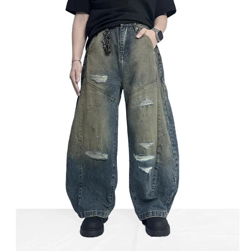 American Retro Wasteland style High Street Ripped Denim Pants Men 2026 Autumn New Men's Vintage baggy Wide Leg Jeans Streetwear