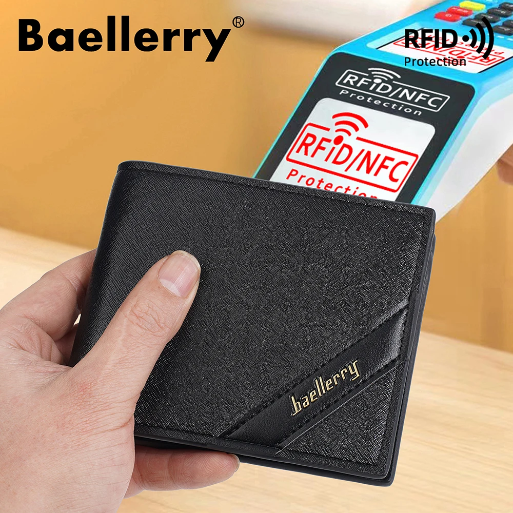 محفظة Baellerry للرجال RFID قصيرة ثنائية الطي، حامل بطاقات جلدي ممتاز مضاد للتشطيط مع جيب للعملات المعدنية بسحاب، آمن M