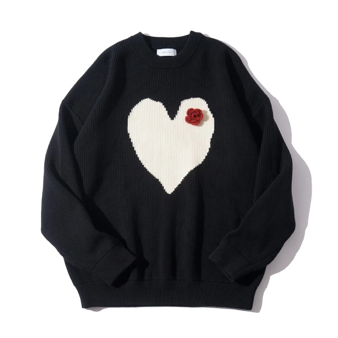 Fall/Winter Round-neck Flower Embroidered Pullover Knitted Sweater for Men - Couple Style - Loose Inner Layer Base Top