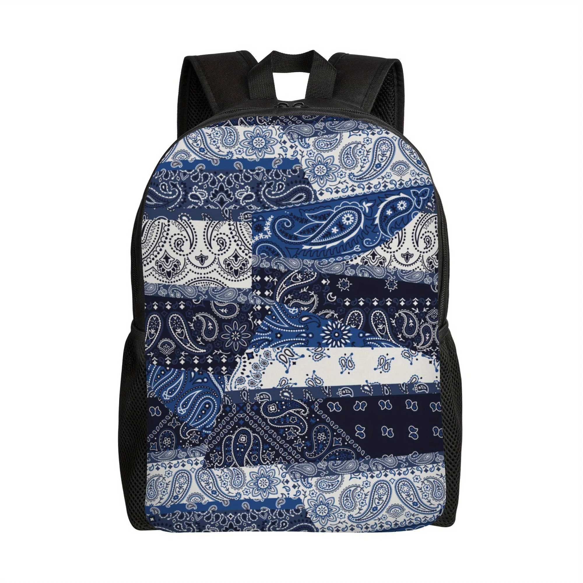 

Мужской рюкзак BIIHUDU с сине-белым узором пейсли - стильный дизайн с комбинированными вставками, регулируемый плечевой ремень, повседневный, для школы