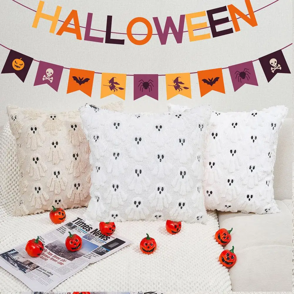 Halloween Decorative Pillow Cover Soft Plush Throw Cushion Case With 3D Embroidered Ghost Pumpkin Design For Couch Sofa Bedroom