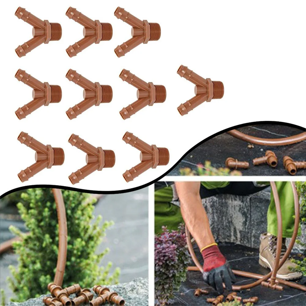 Juntas de tubos de goteo, conectores en T para camas de jardín elevadas, rosca macho de 3/4 pulgadas, sistema de riego por goteo de jardín marrón de plástico