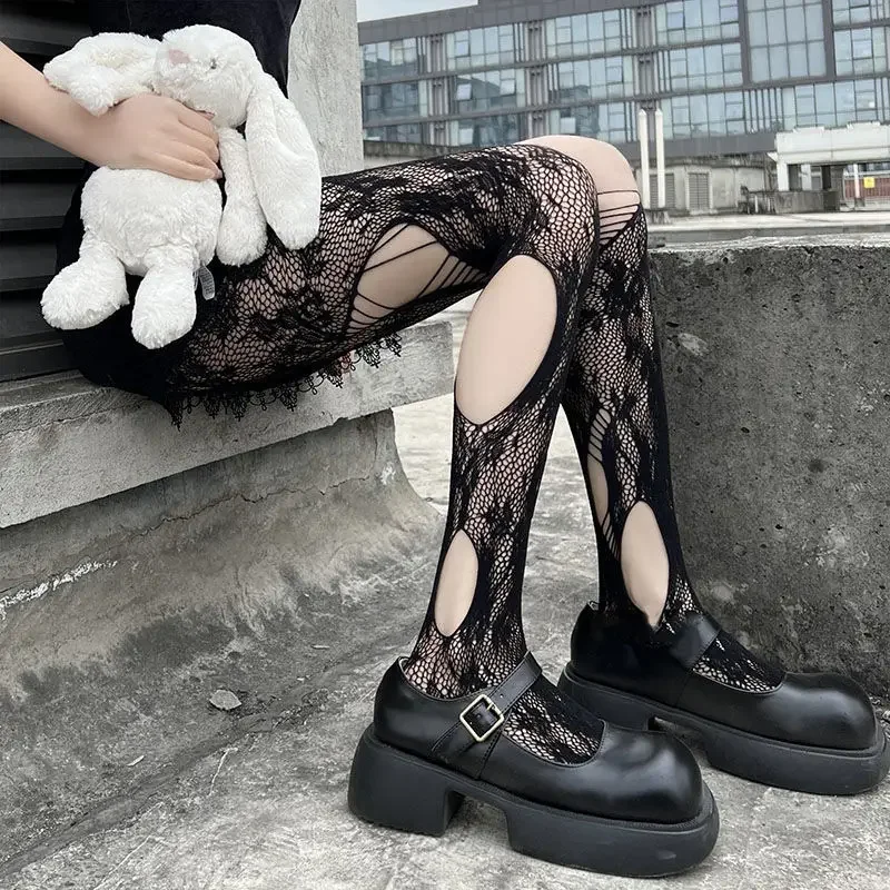 Collants résille floraux creux gothiques pour femmes, Harajuku Lolita, trous de mendiant déchirés irréguliers, collants en maille, bas de corps sexy