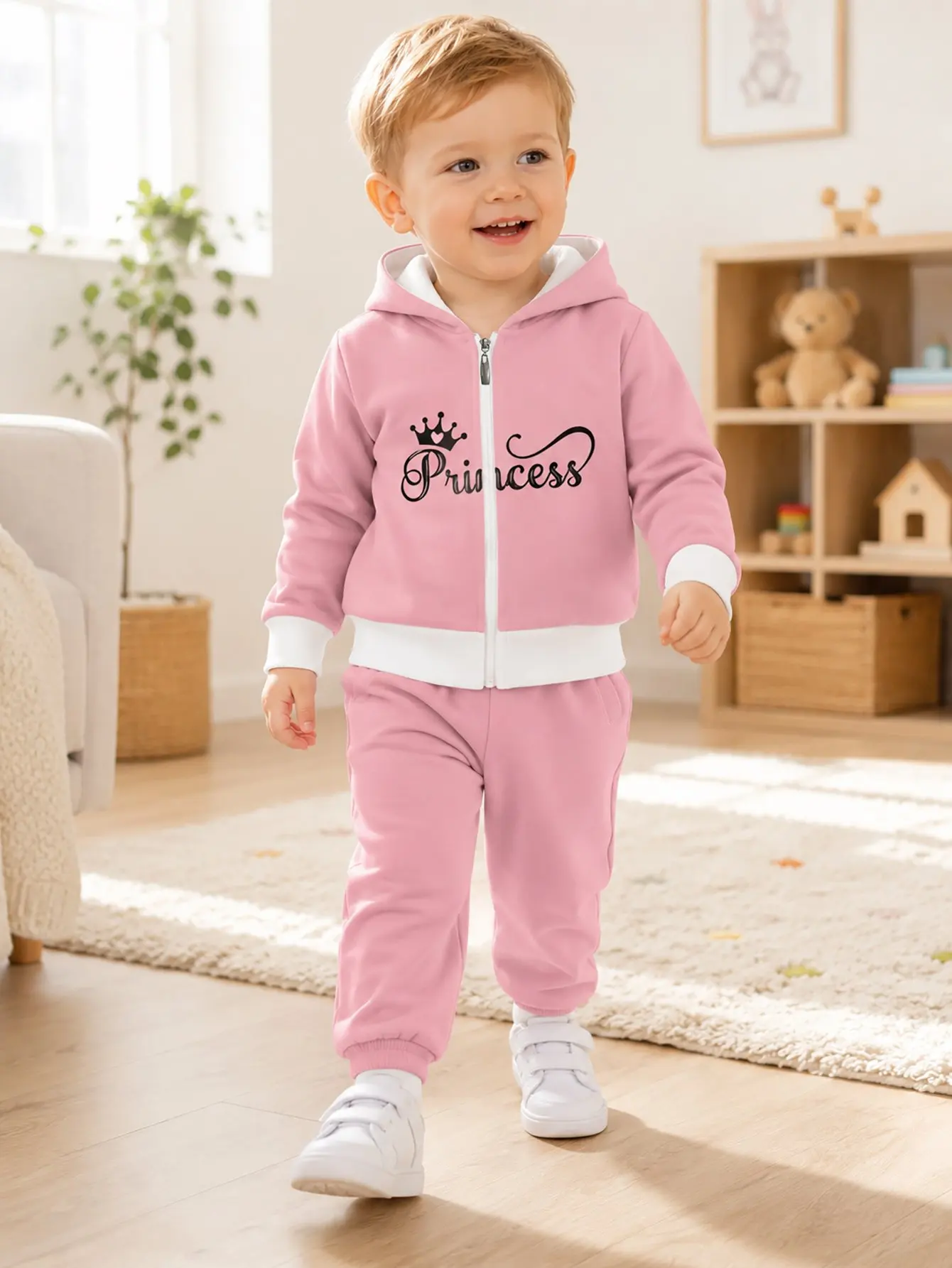 Hooded Zip Up Loose Sweatshirt Pants Set Crown Letter Print Pink Long Sleeve Loose Fit Boys Fall Winter New Style Casual Fashion