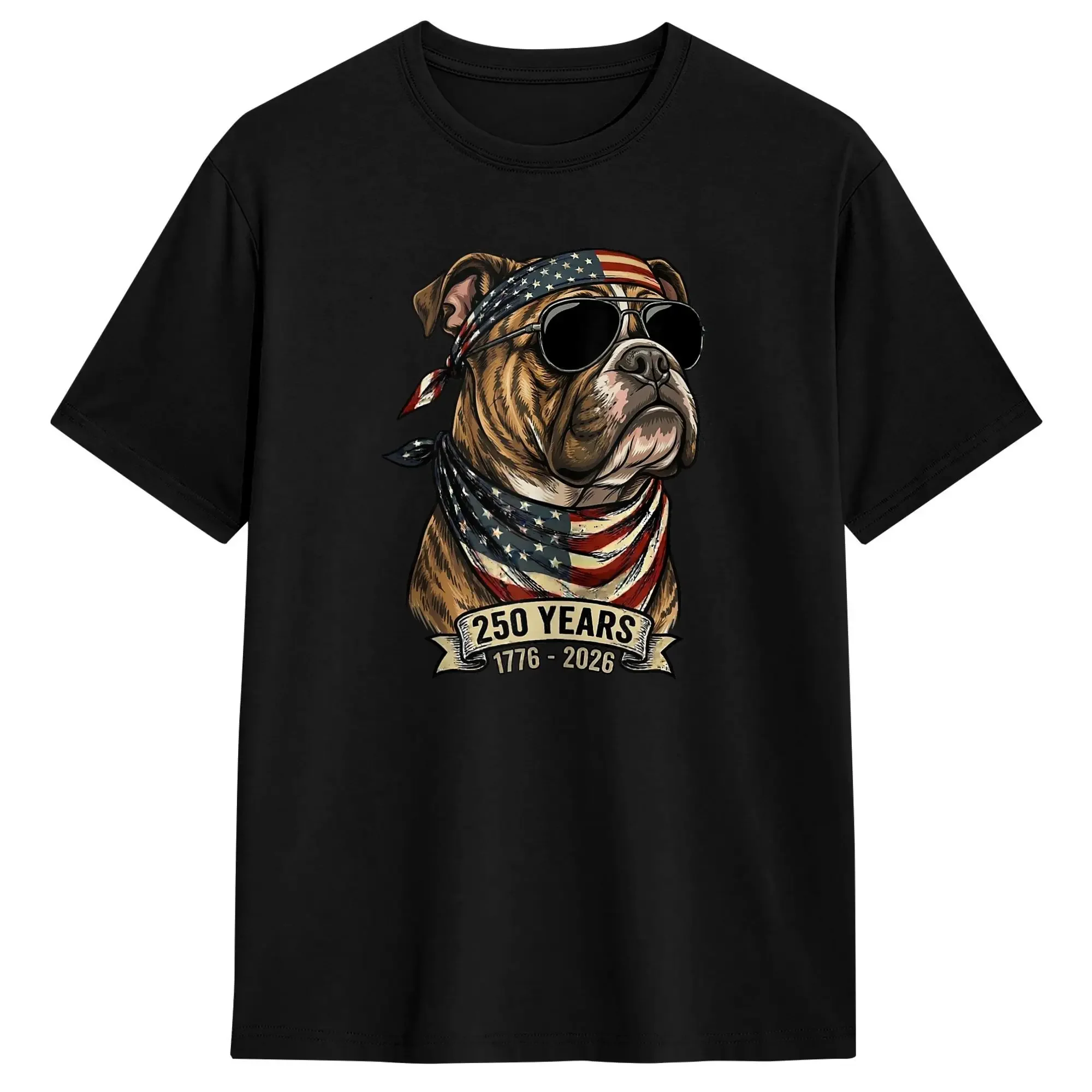 Bulldog Patriot 250 Years 1776-2026 American Flag Cotton T-Shirt Men Beach T-Shirts O Neck Tee Shirt Oversized Print Clothing