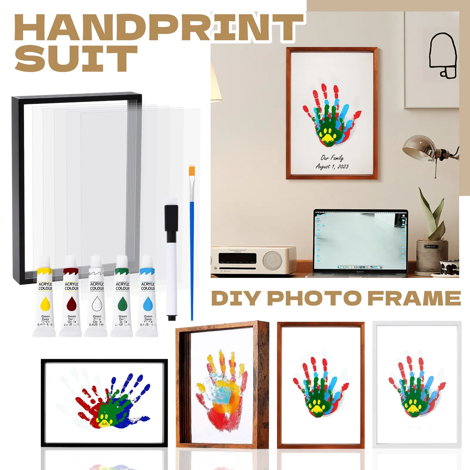 Clear Family Handprint Kit DIY Handmade Keepsake Wooden Frame With 6 Paints Pen Eraser Paintbrush, Baby Handprint Gift