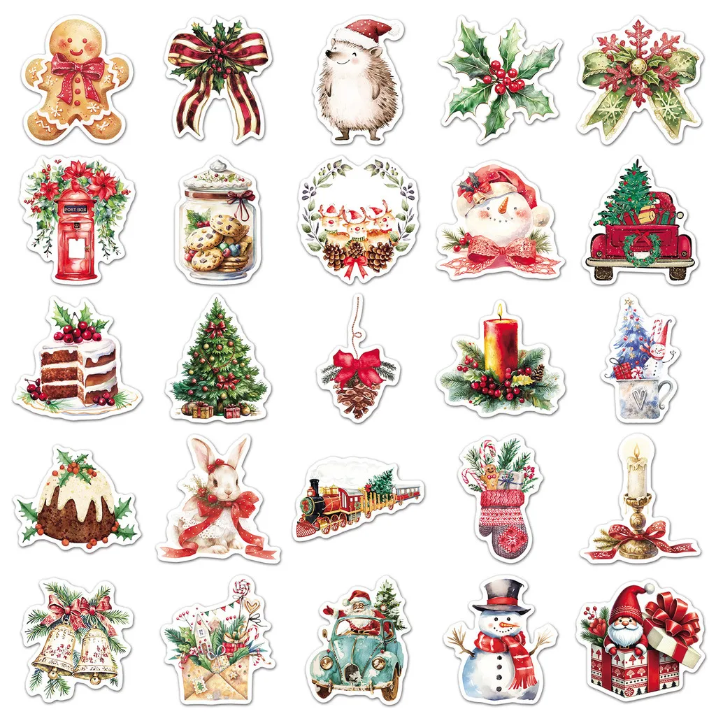 50 Pieces Vintage Watercolor Christmas Decorative Stickers - Creative Holiday Christmas for Journals LanLanStickersWorld Store