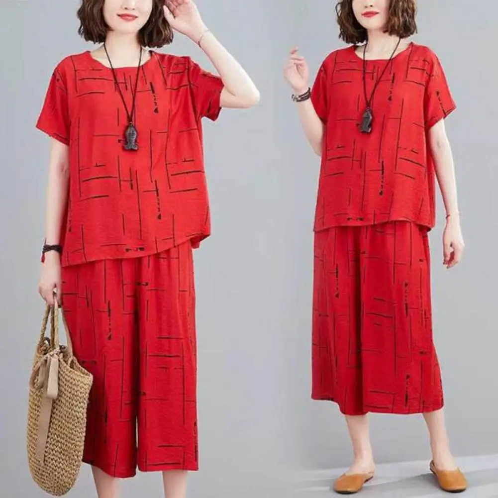 Lady Summer Suit Stylish Women's 2-piece Set Printed Short Sleeve T-shirt with Elastic Waist Wide Leg Cropped Trousers Trendy