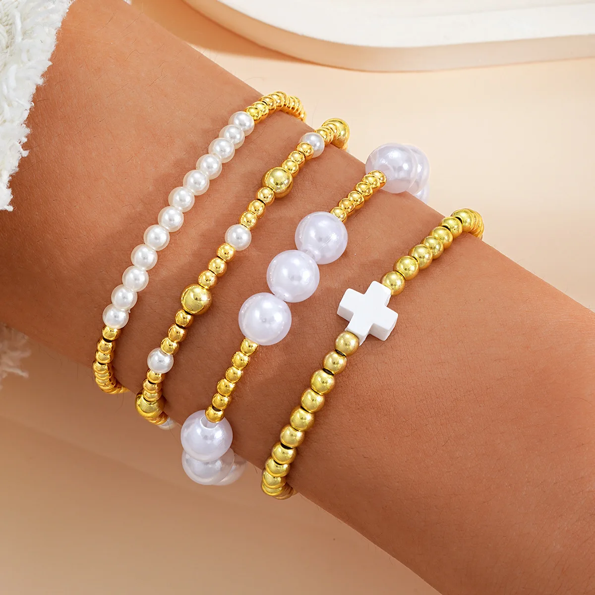 4Pcs/ Set Simple Gold Color CCB Beaded Assembly Wear Bracelet Set for Women Fashion Imitation Pearl Cross Bangle Couple Jewelry