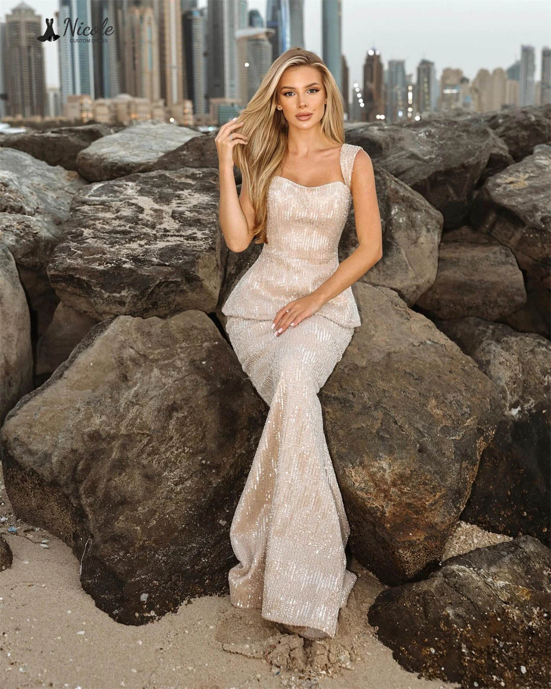 Nicole lussuoso abito da ballo di lusso 2025 gonna a coda di pesce su misura spalline larghe colletto quadrato abiti da cerimonia nuziale