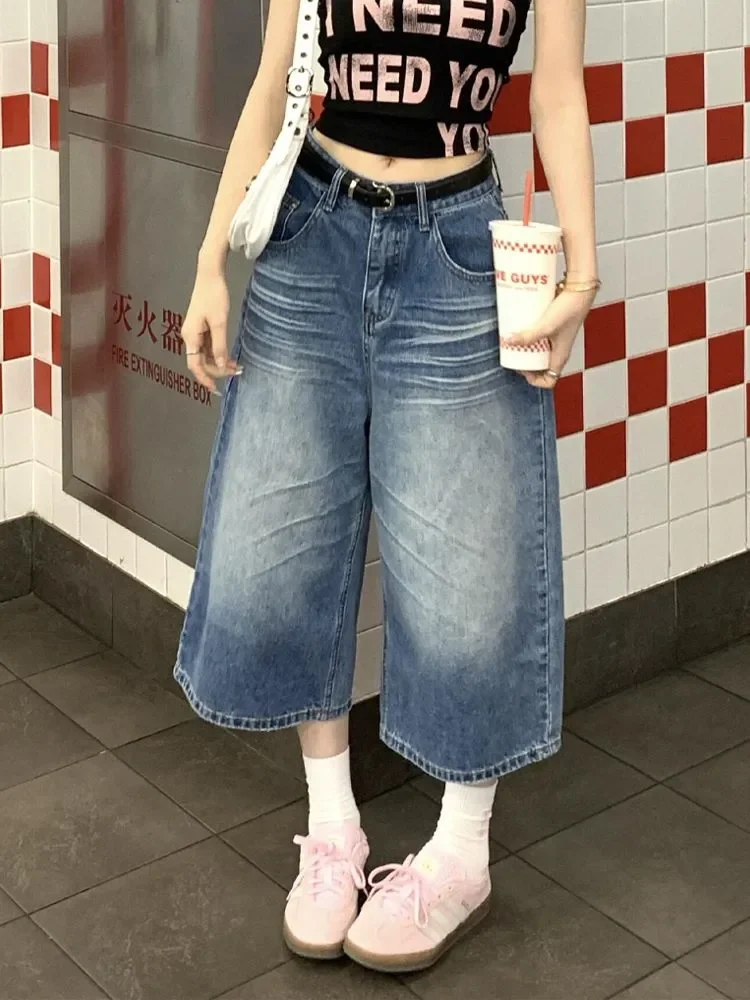 2026 Spring Women American Vintage Jeans Y2K Streetwear Relaxed Loose Lazy Style Washed Denim Jeans Casual Versatile Capri Pants