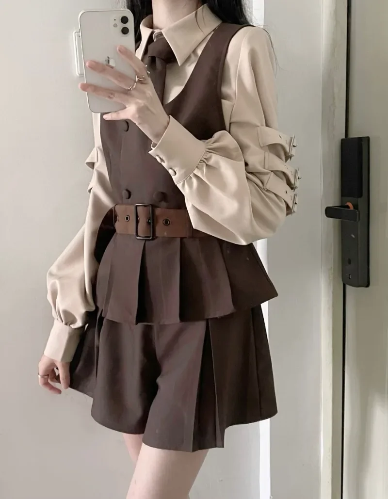 Chemise émaillée de style collège marron pour femme, short japonais, design original, imbibé, nouveau, automne et hiver 2024