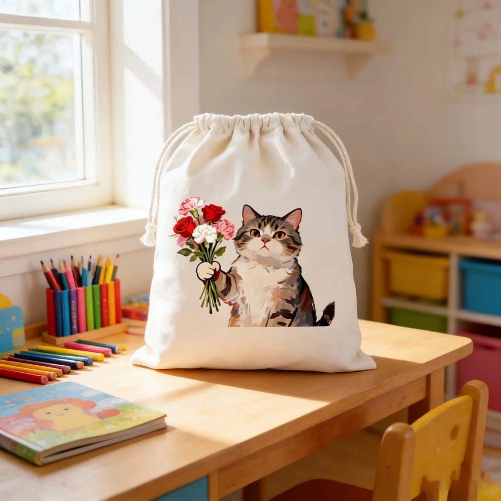 1Pc Custom Name/Text Cat-Themed Imitation Hemp Gift Bag Drawstring Closure Storage Bag, Party Candy Bags, Daily Storage