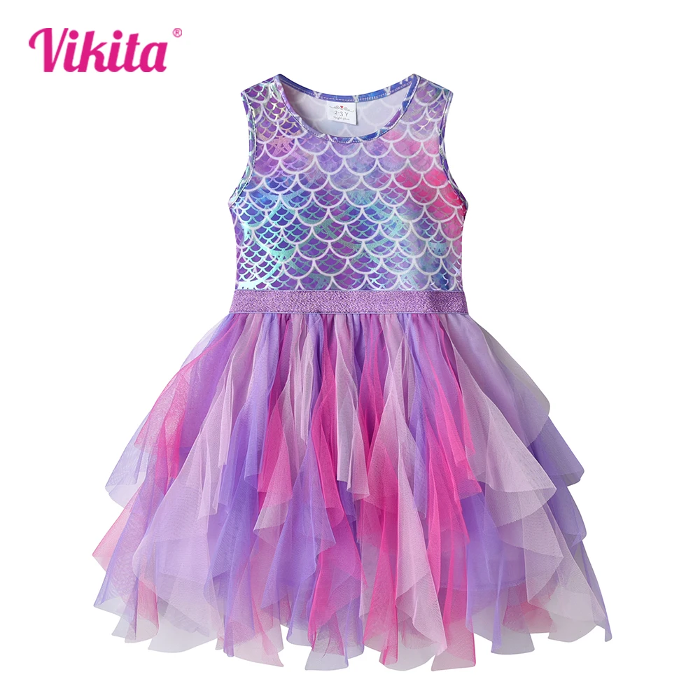 VIKITA Girls Mermaid Print Dress Kids Sleeveless Summer Vestidos Girls Patchwork Dresses Kids Layered Mesh Tulle Cake Dress