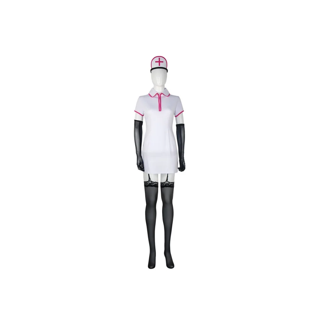 Makima Cosplay Costumes Chainsaw Man Anime Halloween Celebration Nurse Uniform White Dress and Wine Red Wig