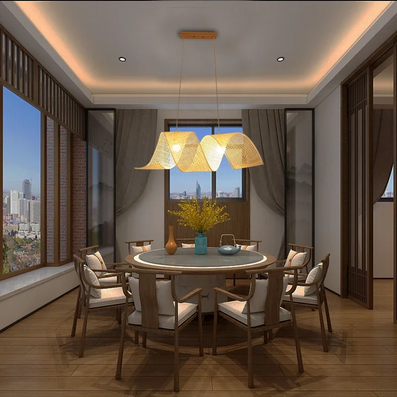 Retro Hand Knitted Bamboo Pendant Light LED Rotate Woven Lampshade Zen Room Teahouse Decor Hanging Lamp Cafe Kitchen Chandelier