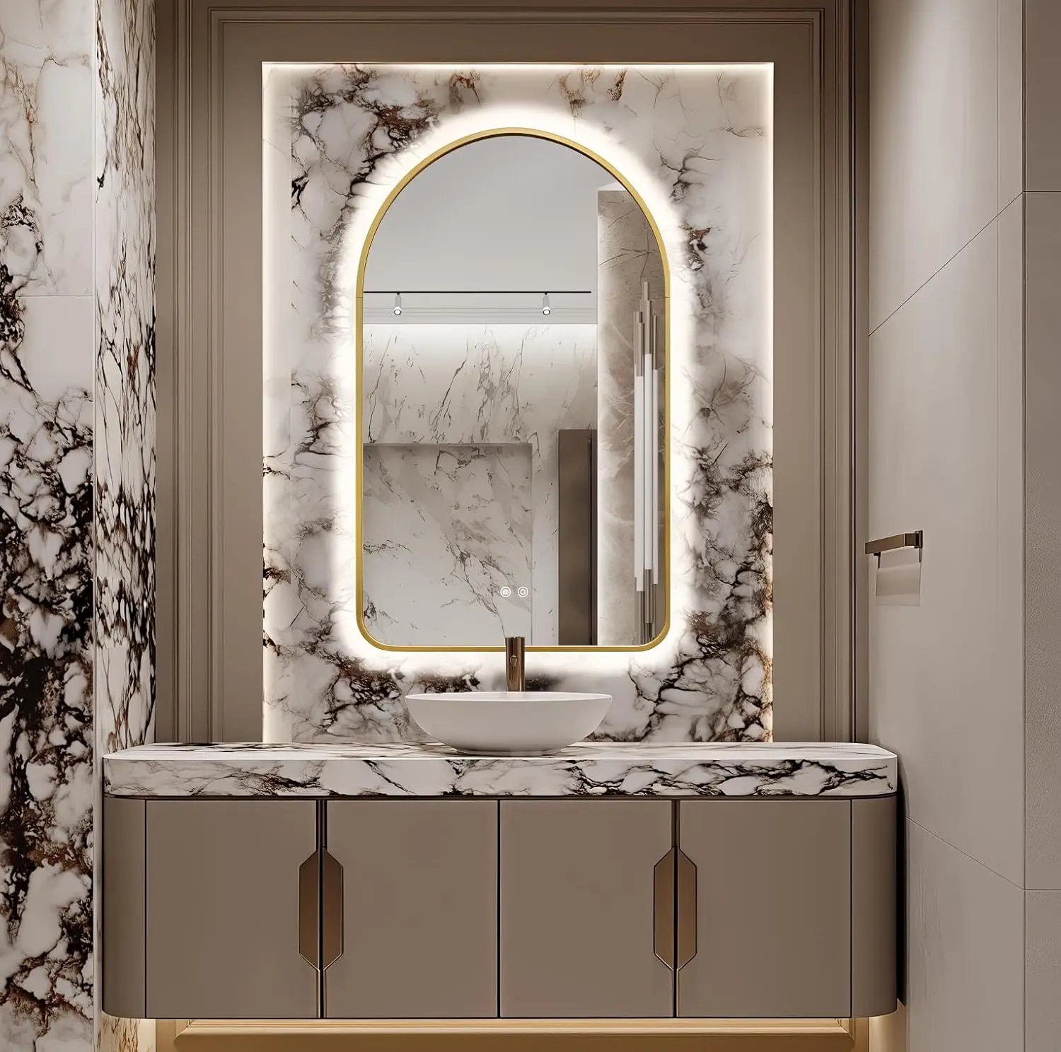Bathroom Setting, Gold Framed Arched LED Backlit Mirror, Fog Free, 3 Color Temperatures Adjustable Brightness