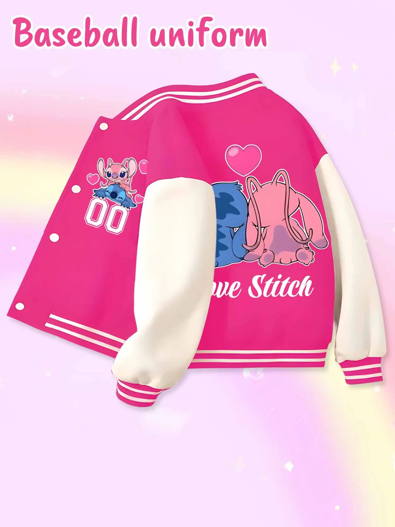 Jaqueta de beisebol tendência da moda Disney, adequada para esportes diários e roupas casuais, impressa com lindo padrão Stitch, belo presente.