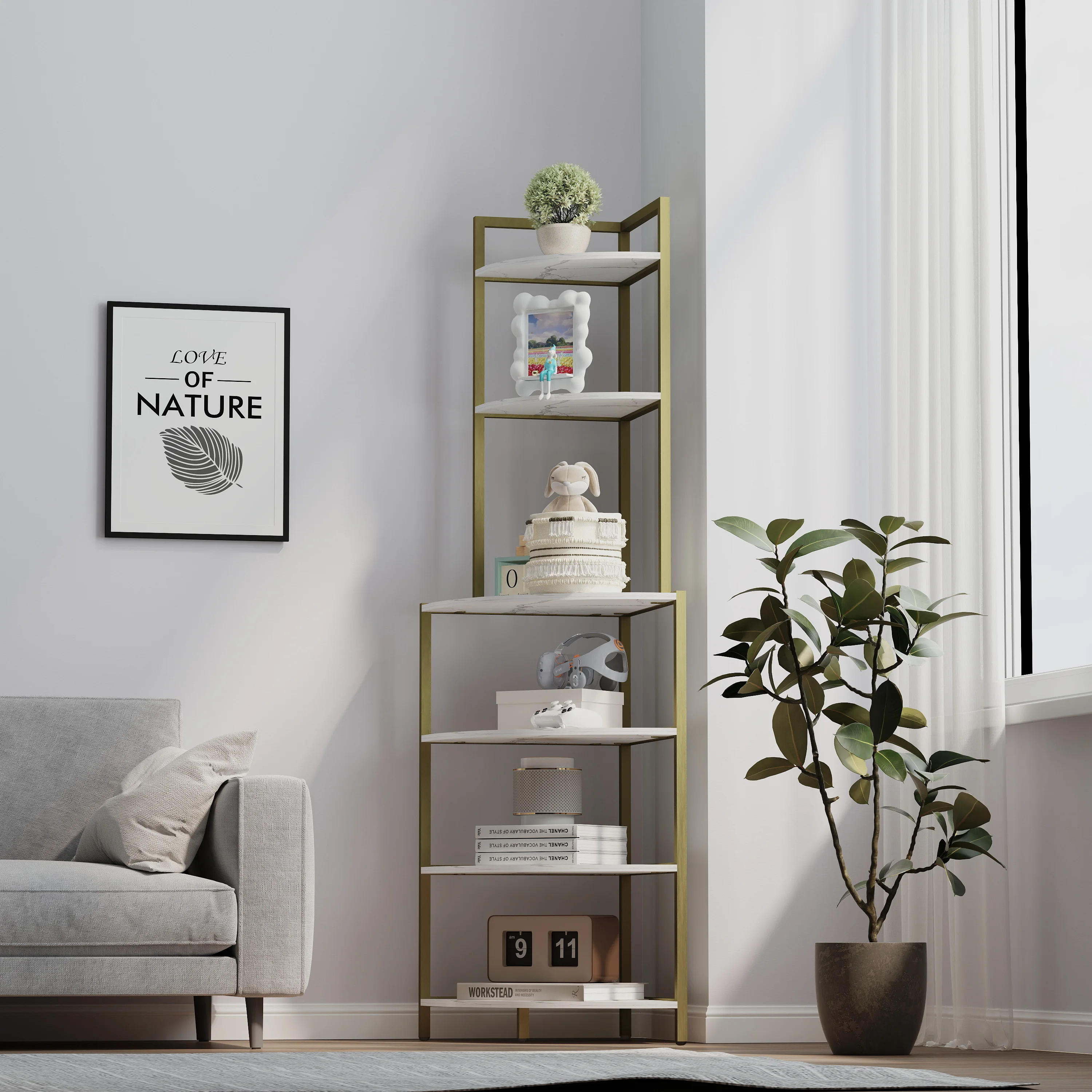 6-Tier Corner Open Shelf Modern Bookcase Wood Rack Freestanding Shelving Unit， Living Room Home Office Kitchen Small Space