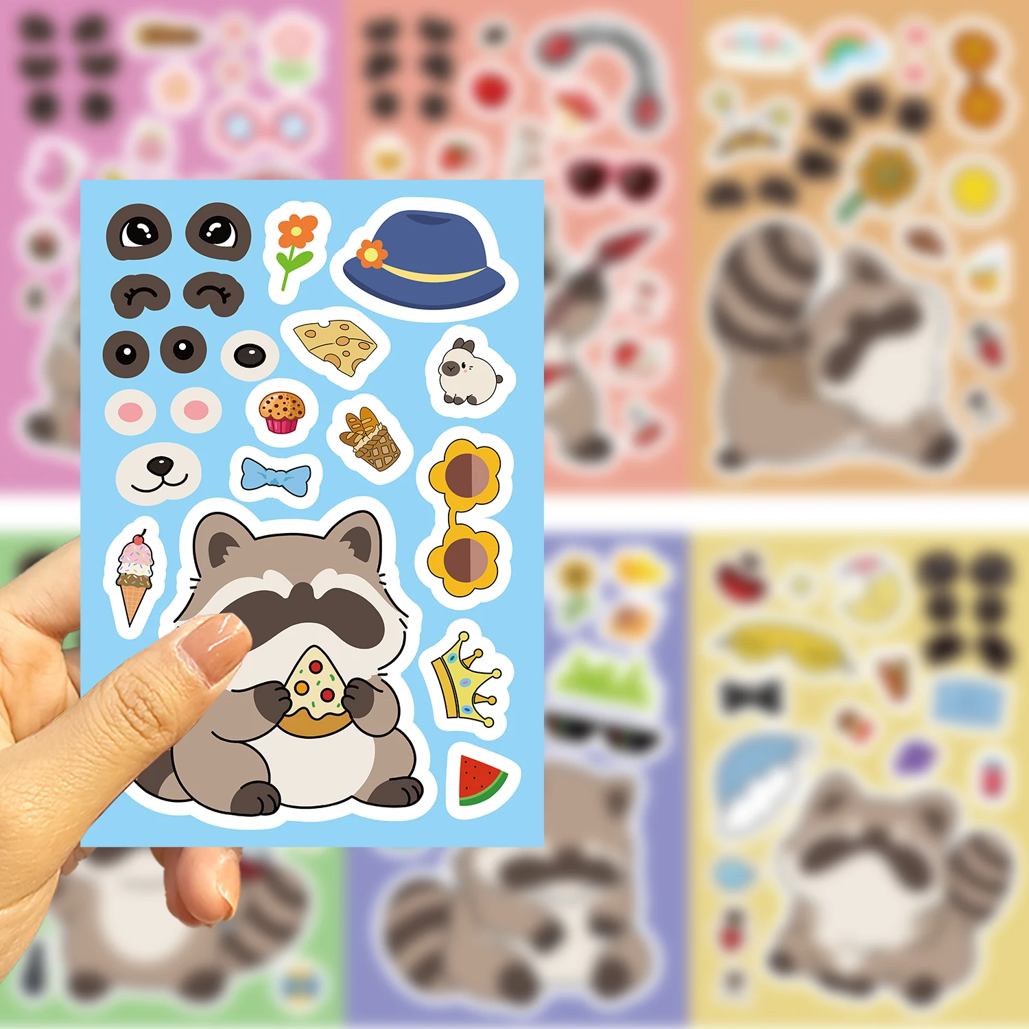 8/16/24개 라쿤 만화 동물 퍼즐 스티커 얼굴 만들기 만화 데칼 문구류 노트북 전화기 데코레이션 스티커