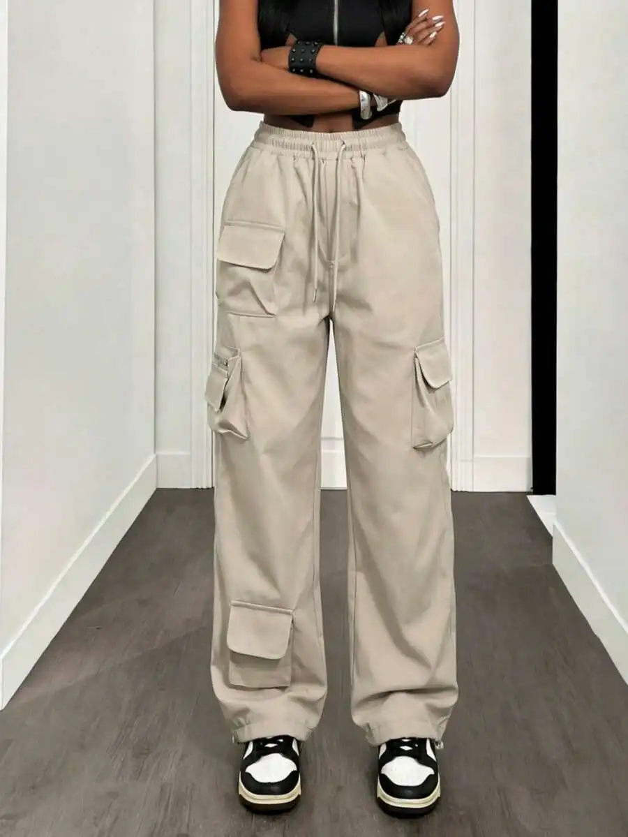 

Womens Beige Cargo Pants With Elastic Drawstring Waist And Multi Pocket For Streetwear Casual Daily Wear